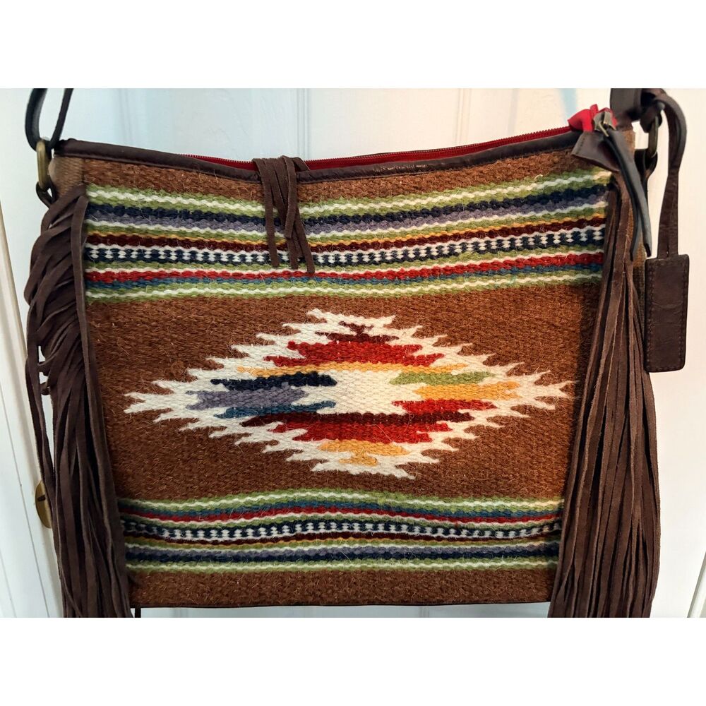 Ariat Southwestern Woven Shoulder Bag Brown Leather Fringe Boho Western Purse 15